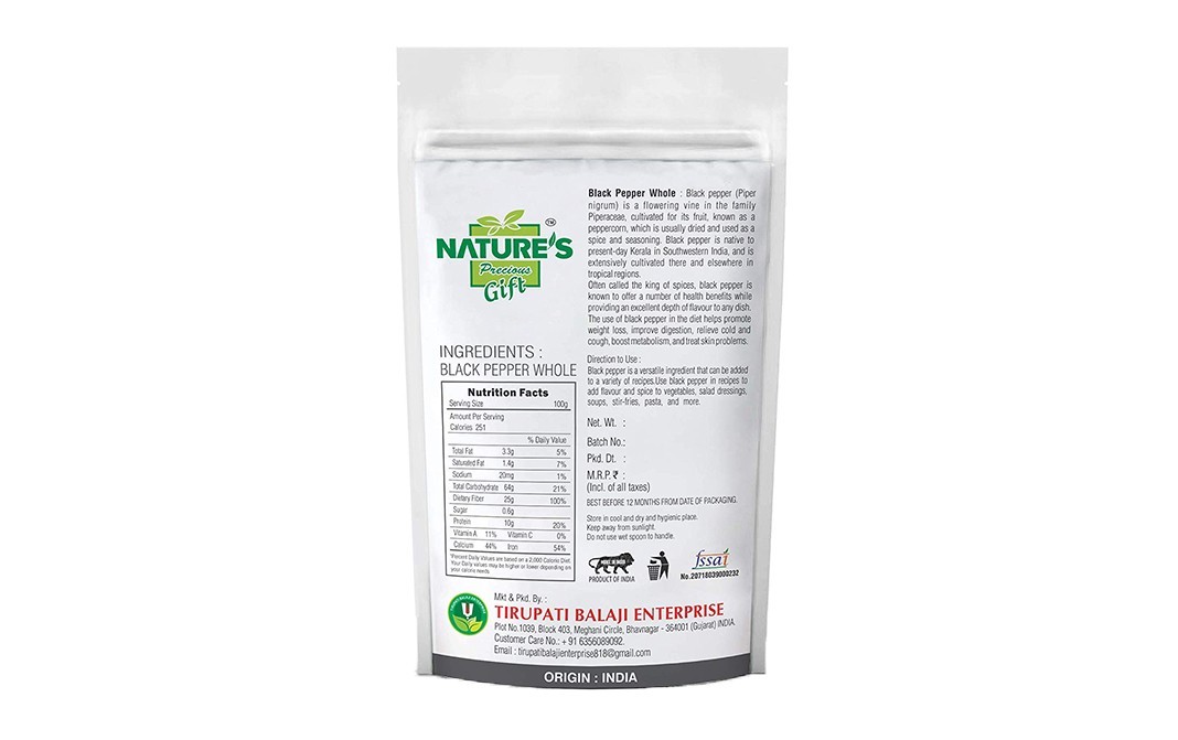Nature's Gift Black Pepper Whole    Pack  500 grams